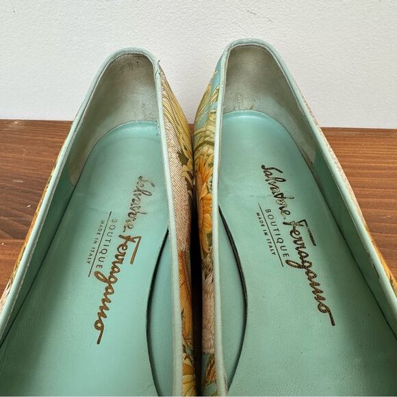 Salvatore Ferragamo Sunflower Silk Fabric Yellow Blue Flats 8.5 - Picture 8 of 12